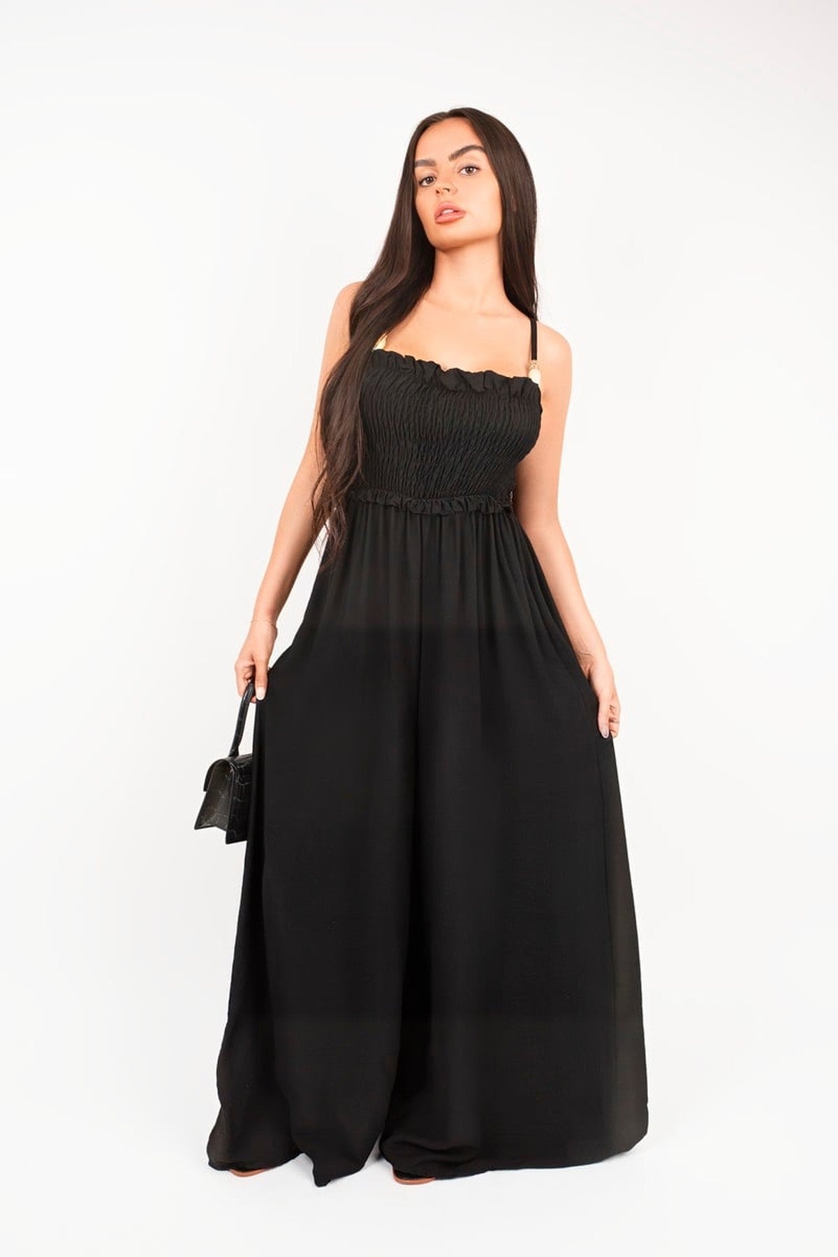 Yasi Shirred Bandeau Wide Leg Jumpsuit - Black