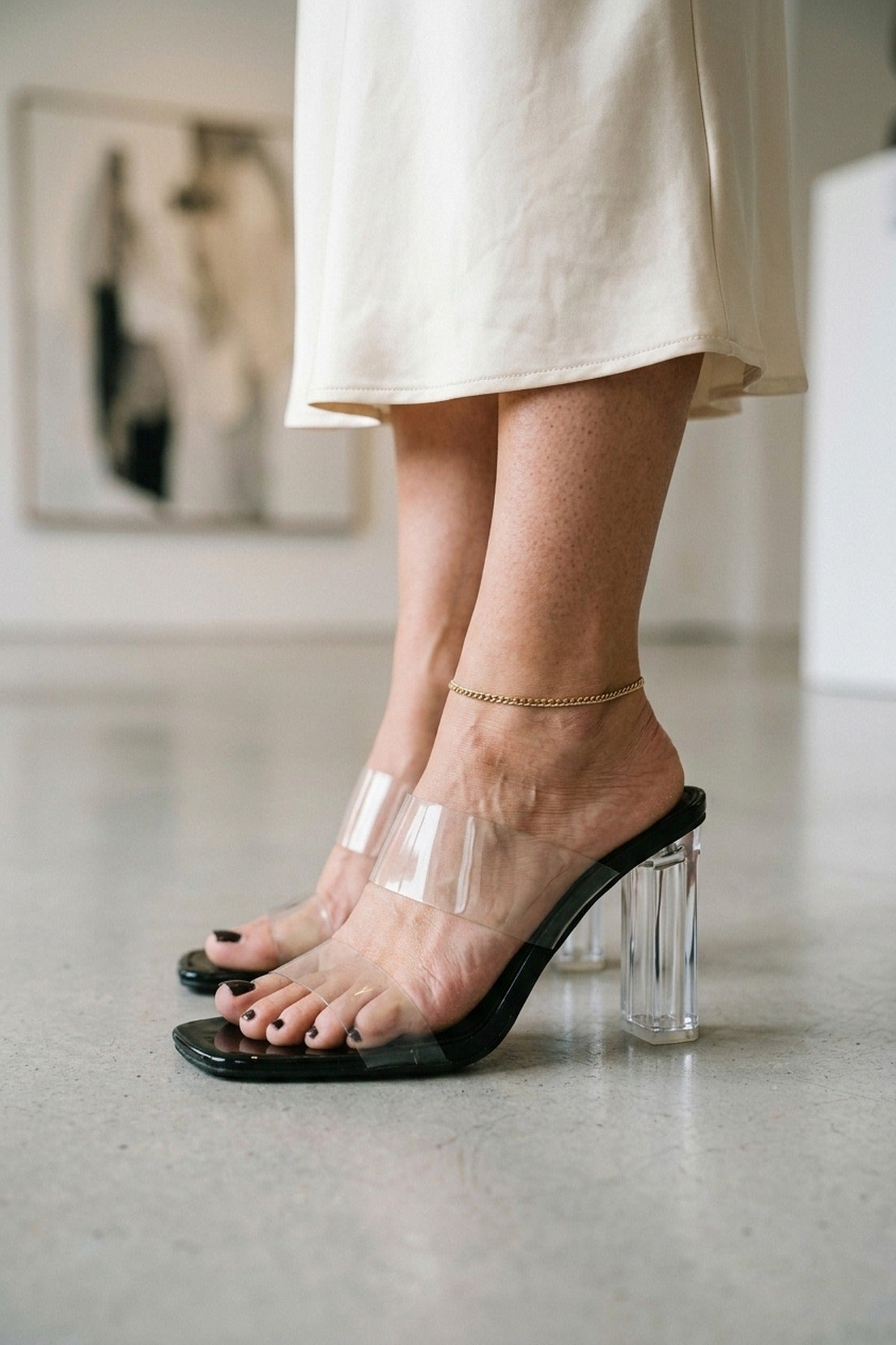 Edie Clear Strap High Block Heel Mules - Black