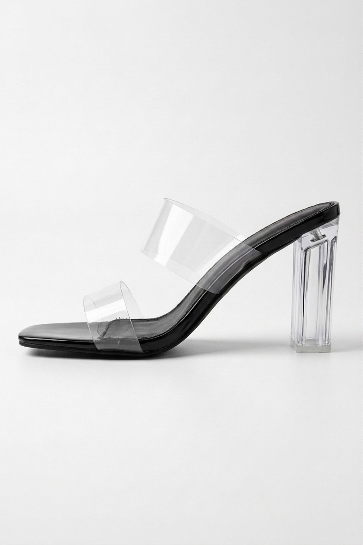Edie Clear Strap High Block Heel Mules - Black
