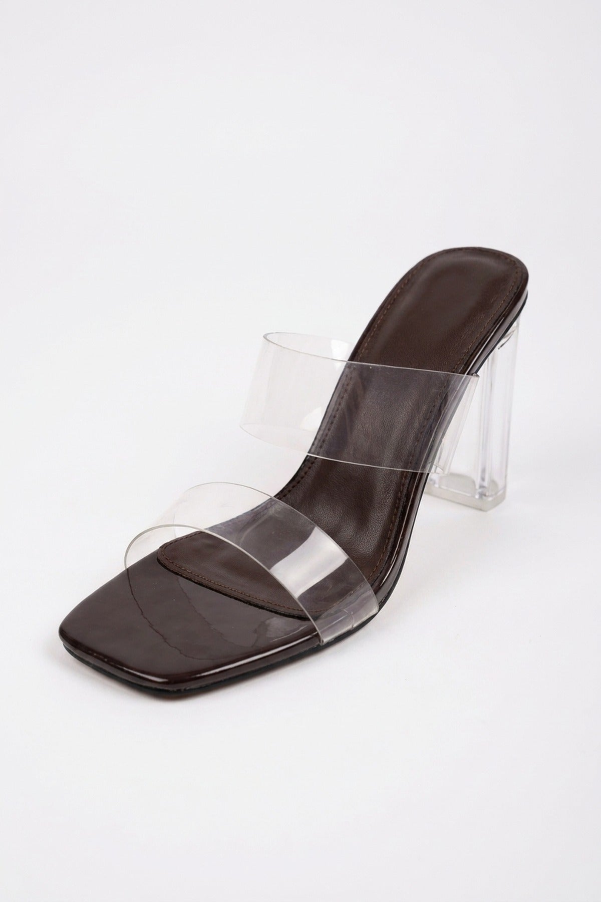 Edie Clear Strap High Block Heel Mules - Brown