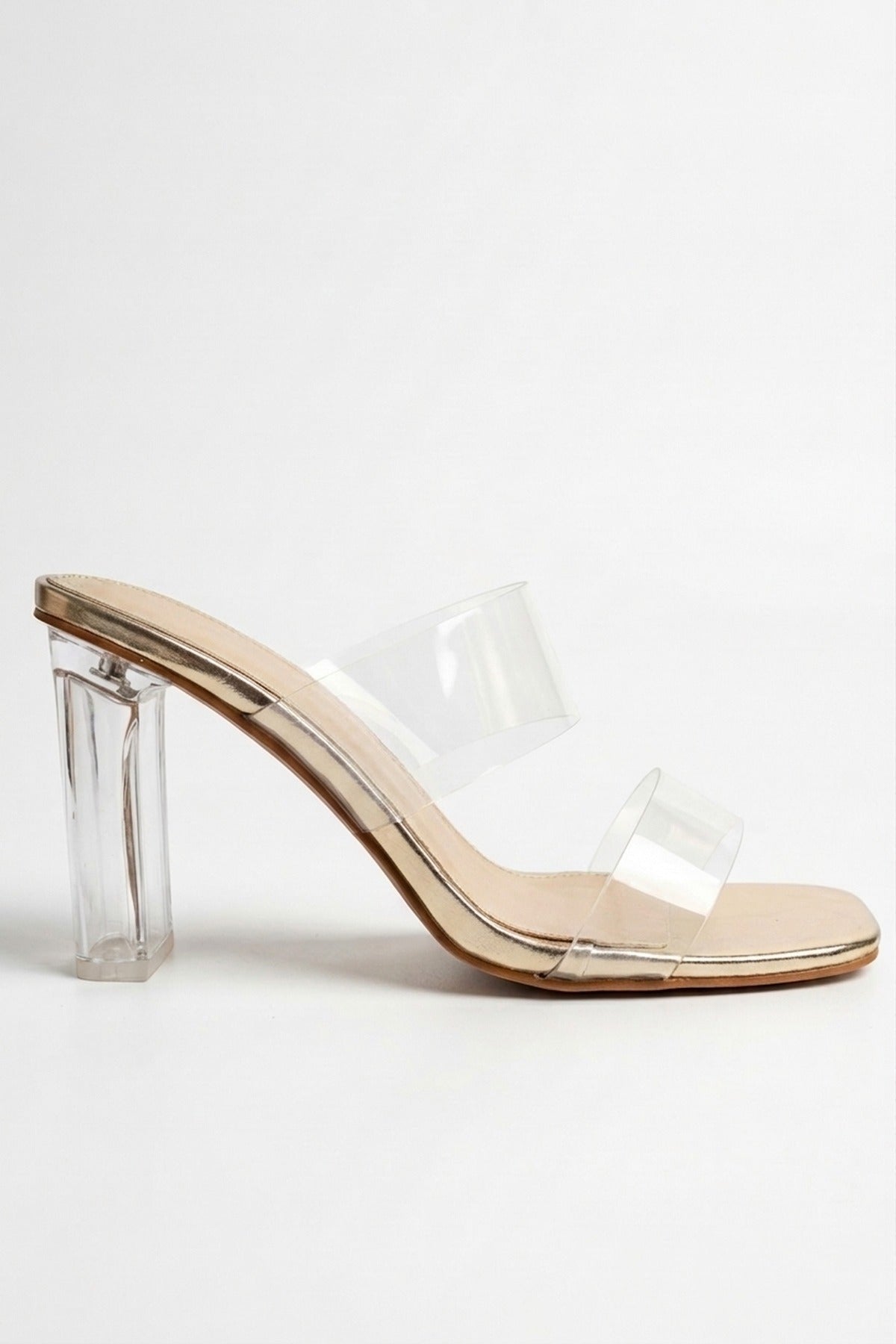Edie Clear Strap High Block Heel Mules - Gold