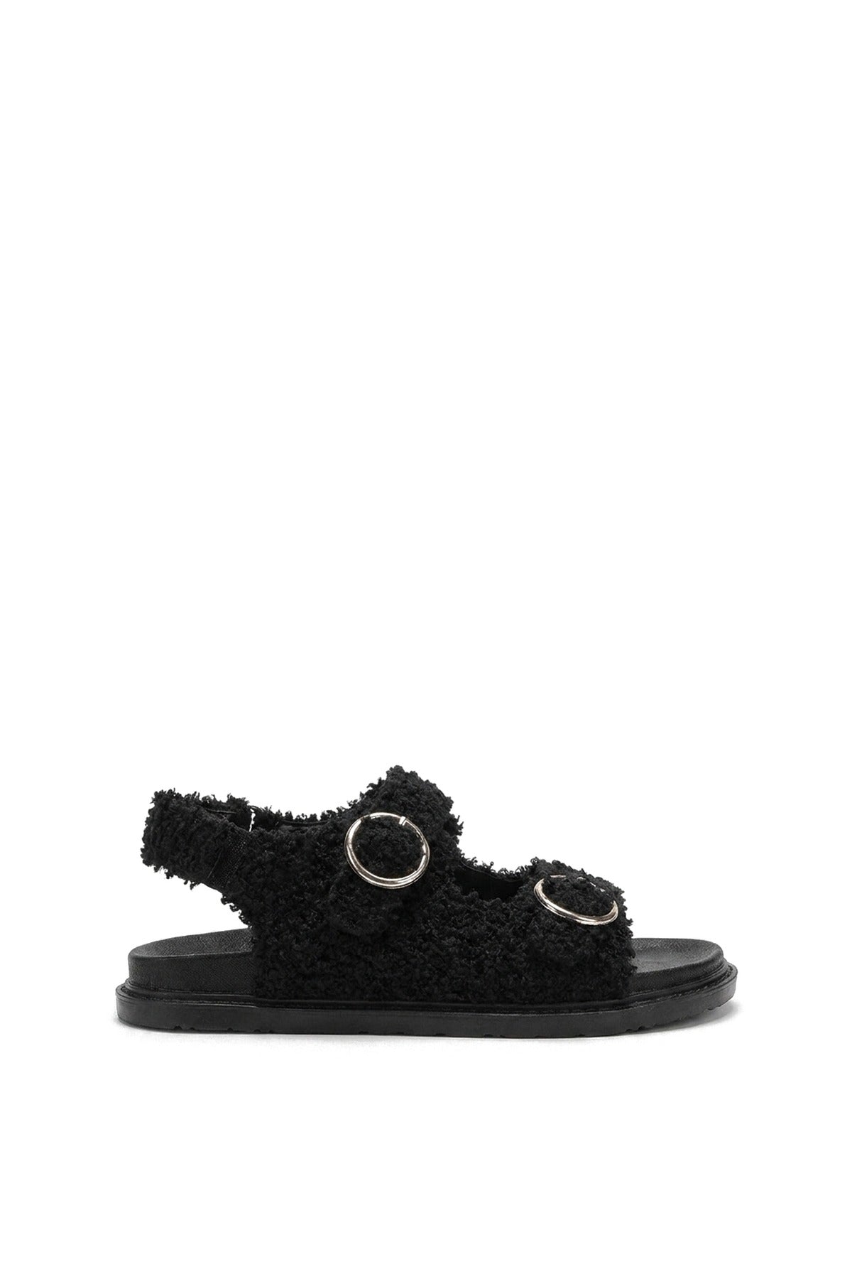 Zahra Faux Fur Double Buckle Sliders - Black