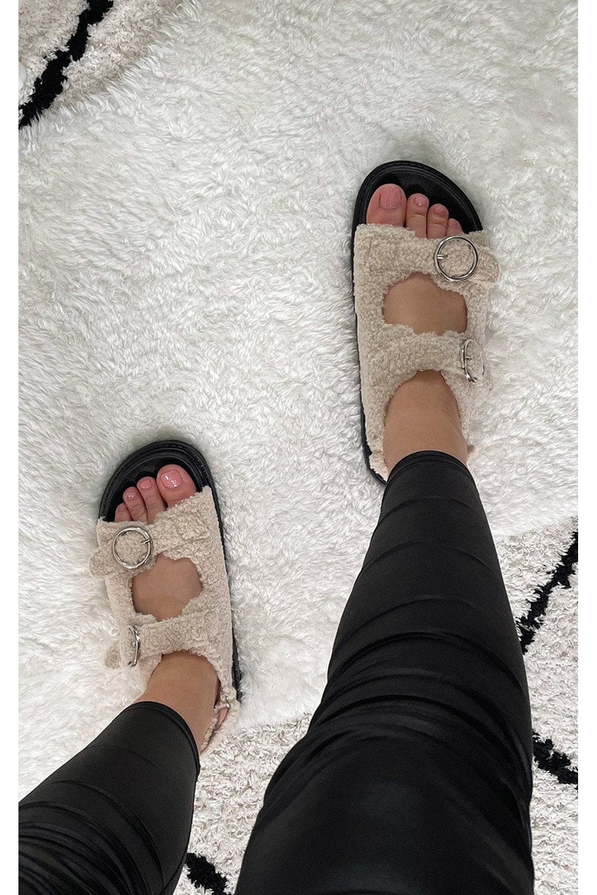 Zahra Faux Fur Double Buckle Sliders - Cream