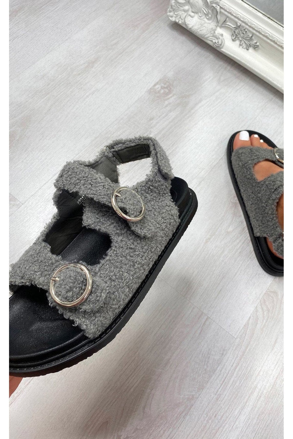 Zahra Faux Fur Double Buckle Sliders - Grey