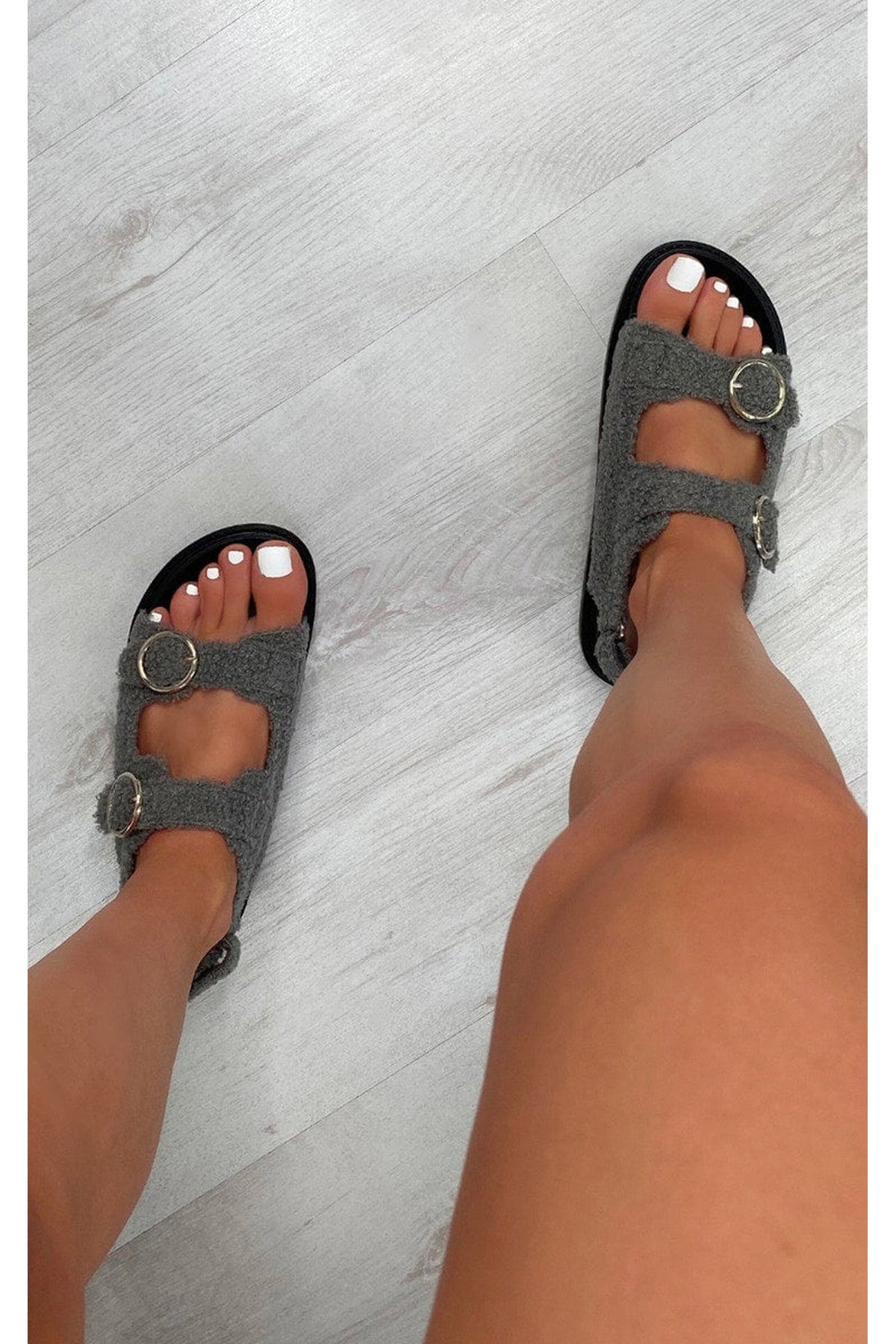 Zahra Faux Fur Double Buckle Sliders - Grey