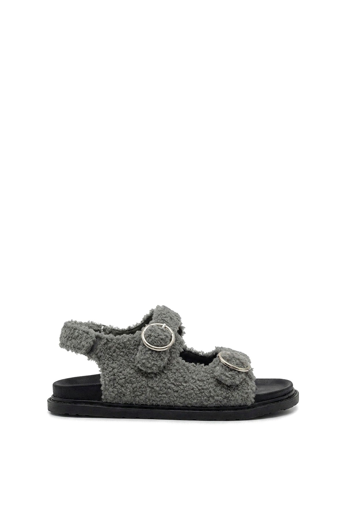Zahra Faux Fur Double Buckle Sliders - Grey