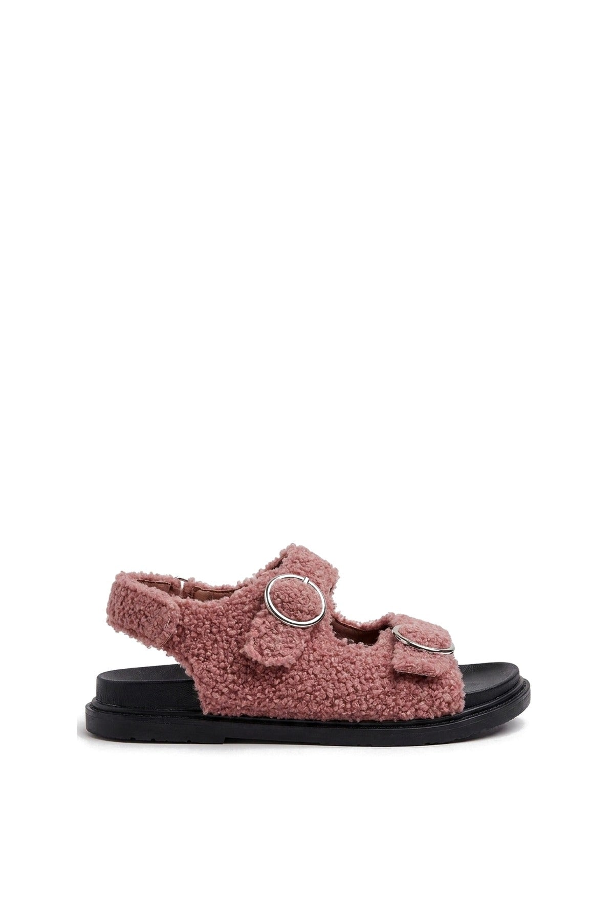 Zahra Faux Fur Double Buckle Sliders - Rose