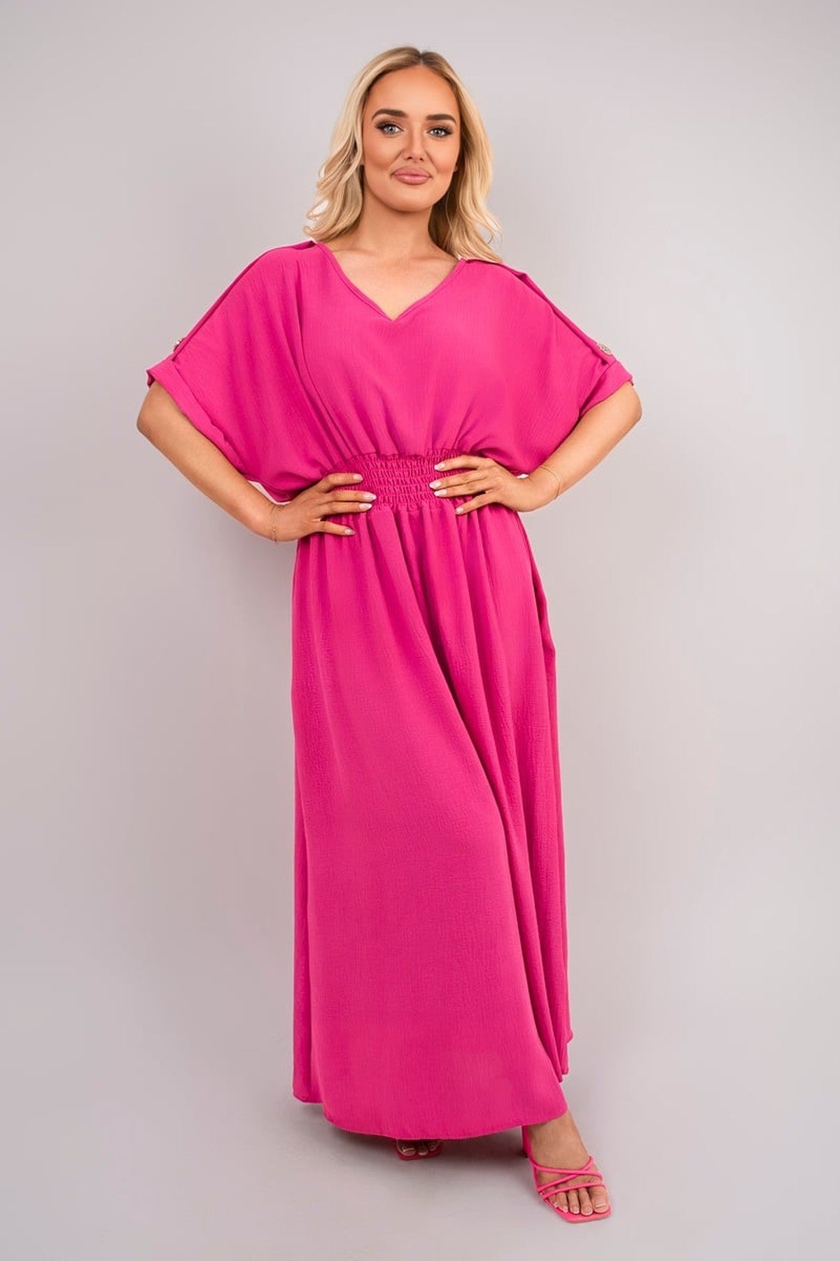 Zamara V Neck Short Sleeve Maxi Dress With Button Detail - Fuschia