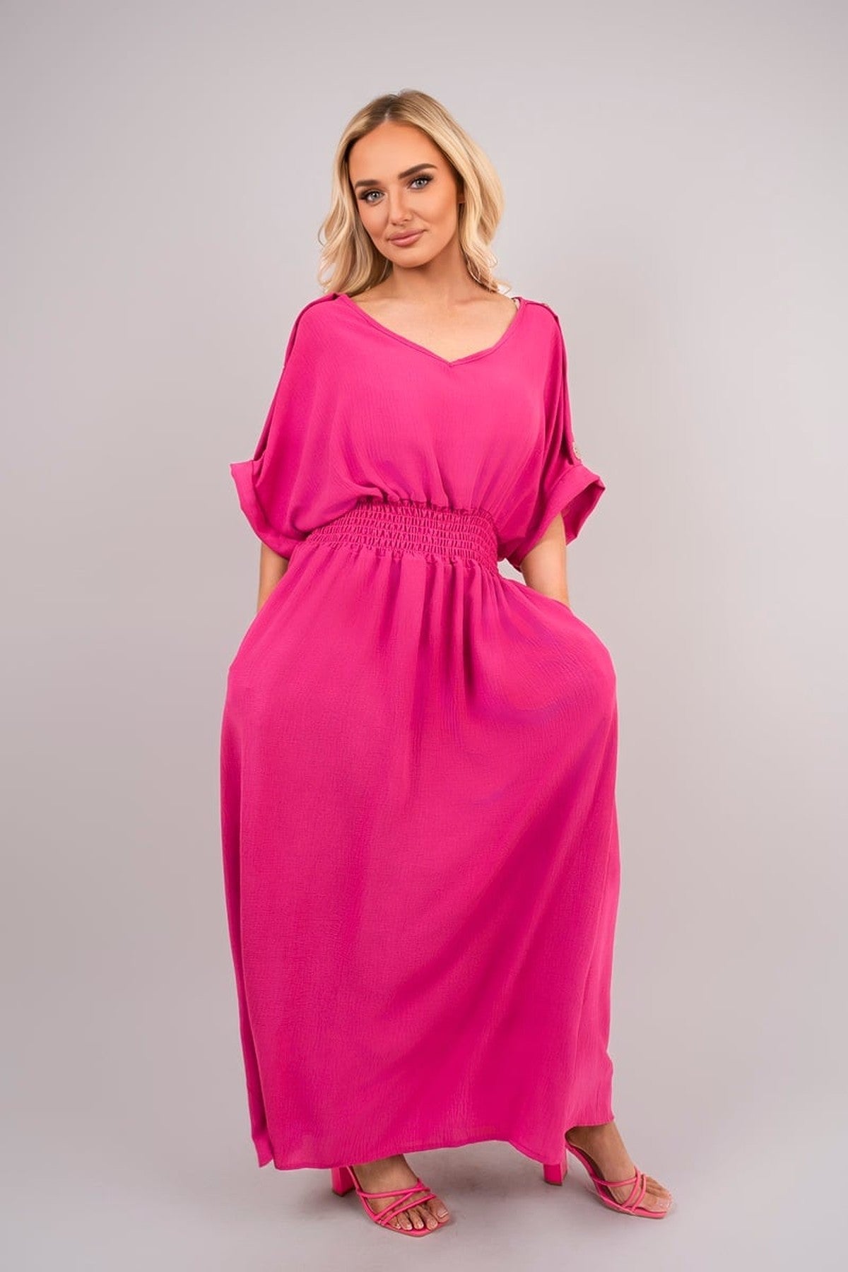 Zamara V Neck Short Sleeve Maxi Dress With Button Detail - Fuschia