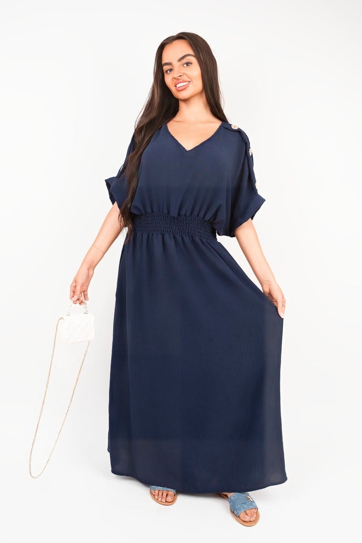 Zamara V Neck Short Sleeve Maxi Dress With Button Detail - Navy