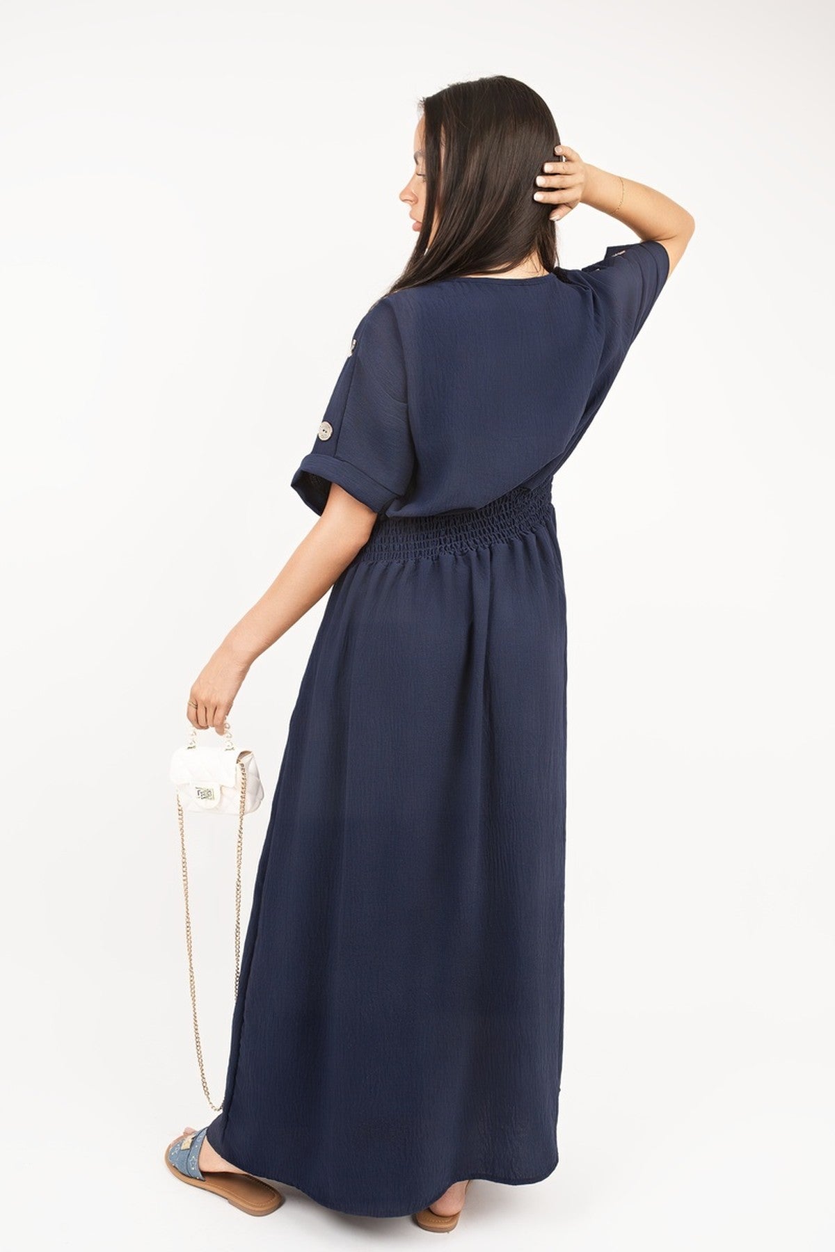 Zamara V Neck Short Sleeve Maxi Dress With Button Detail - Navy