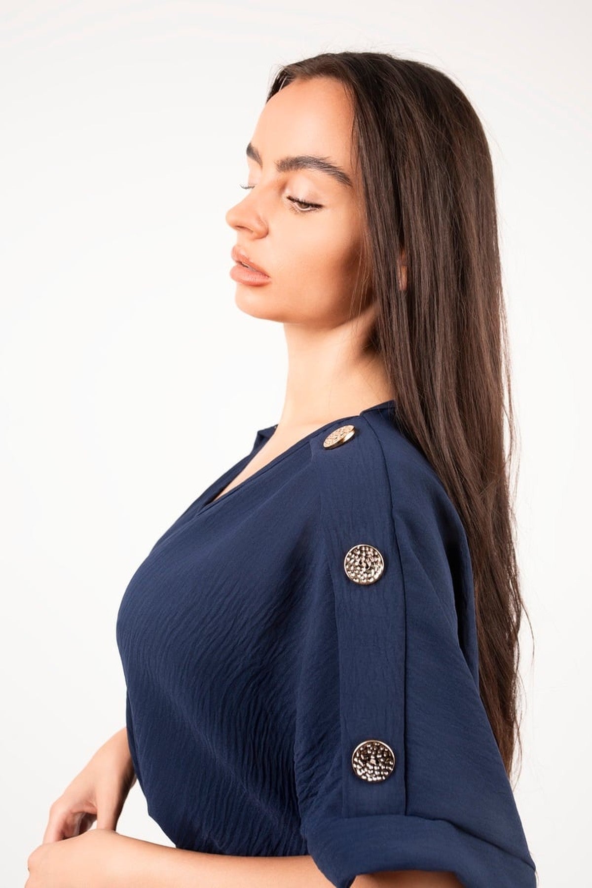 Zamara V Neck Short Sleeve Maxi Dress With Button Detail - Navy