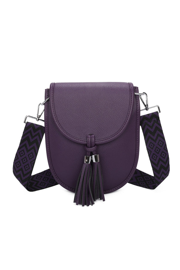 Zemira Flap Over Crossbody Bag With Tassel And Printed Strap - Purple