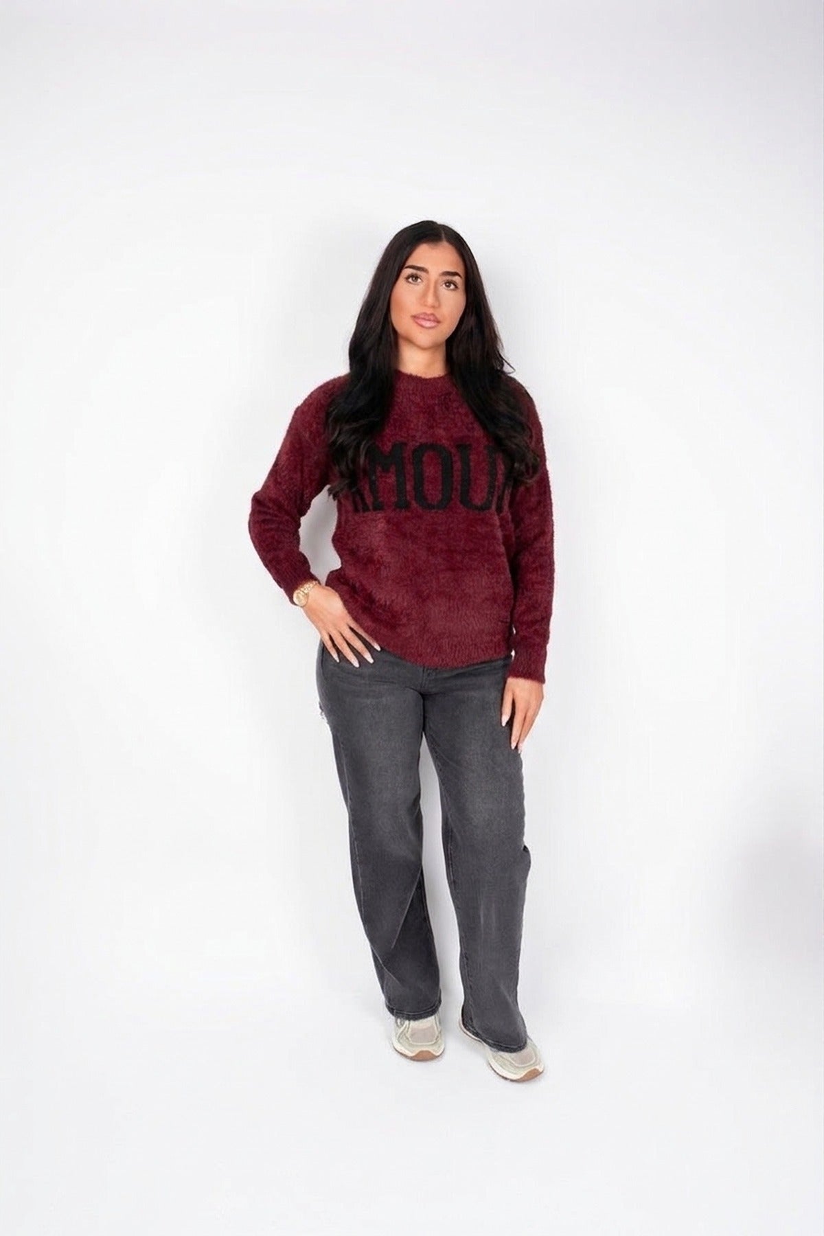 Zenya Fluffy Knit Oversized Jumper With Amour Slogan Detail - Wine