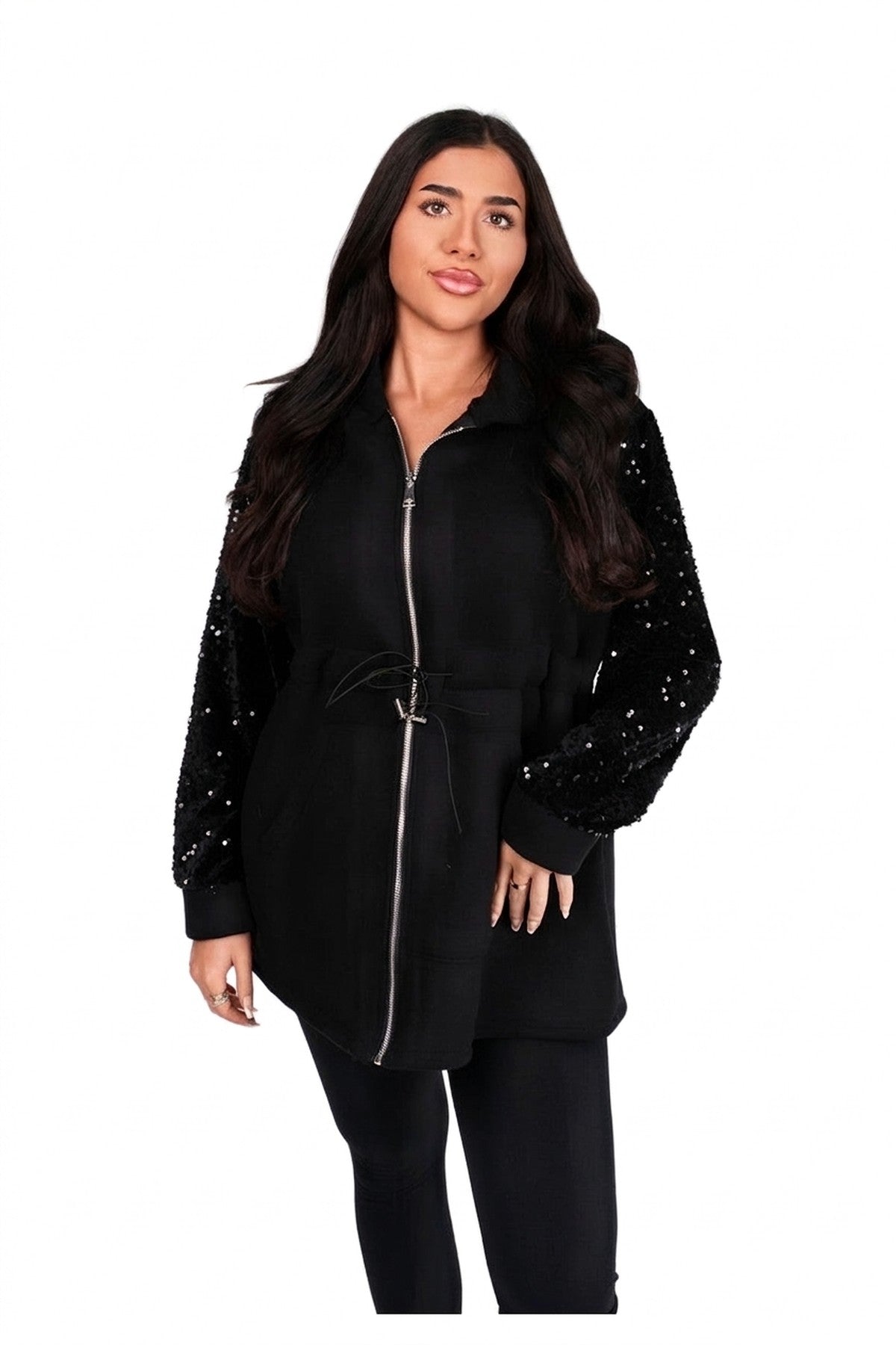 Evalora Zip Up Hoodie With Sequin Sleeve Detail - Black_wb