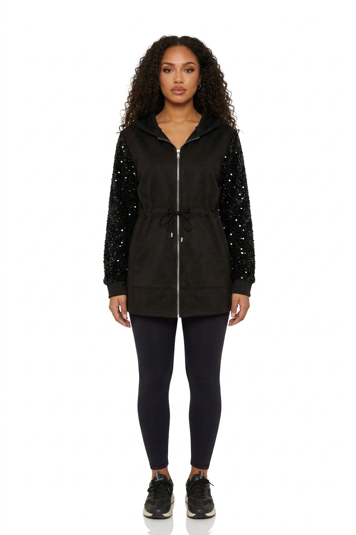 Evalora Zip Up Hoodie With Sequin Sleeve Detail - Wine_wb