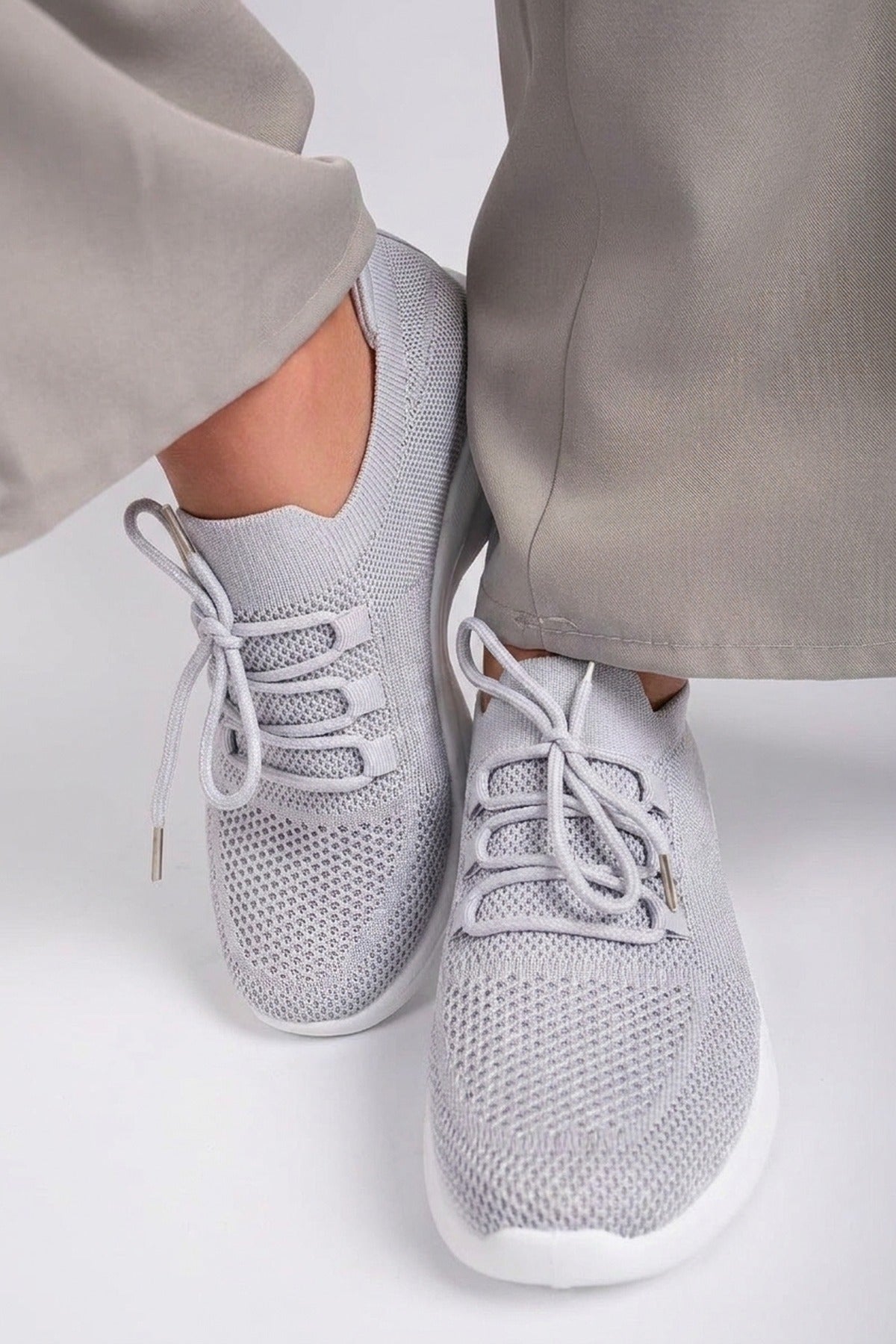 Ziva Knit Sock Lace-up Lightweight Trainers - Grey