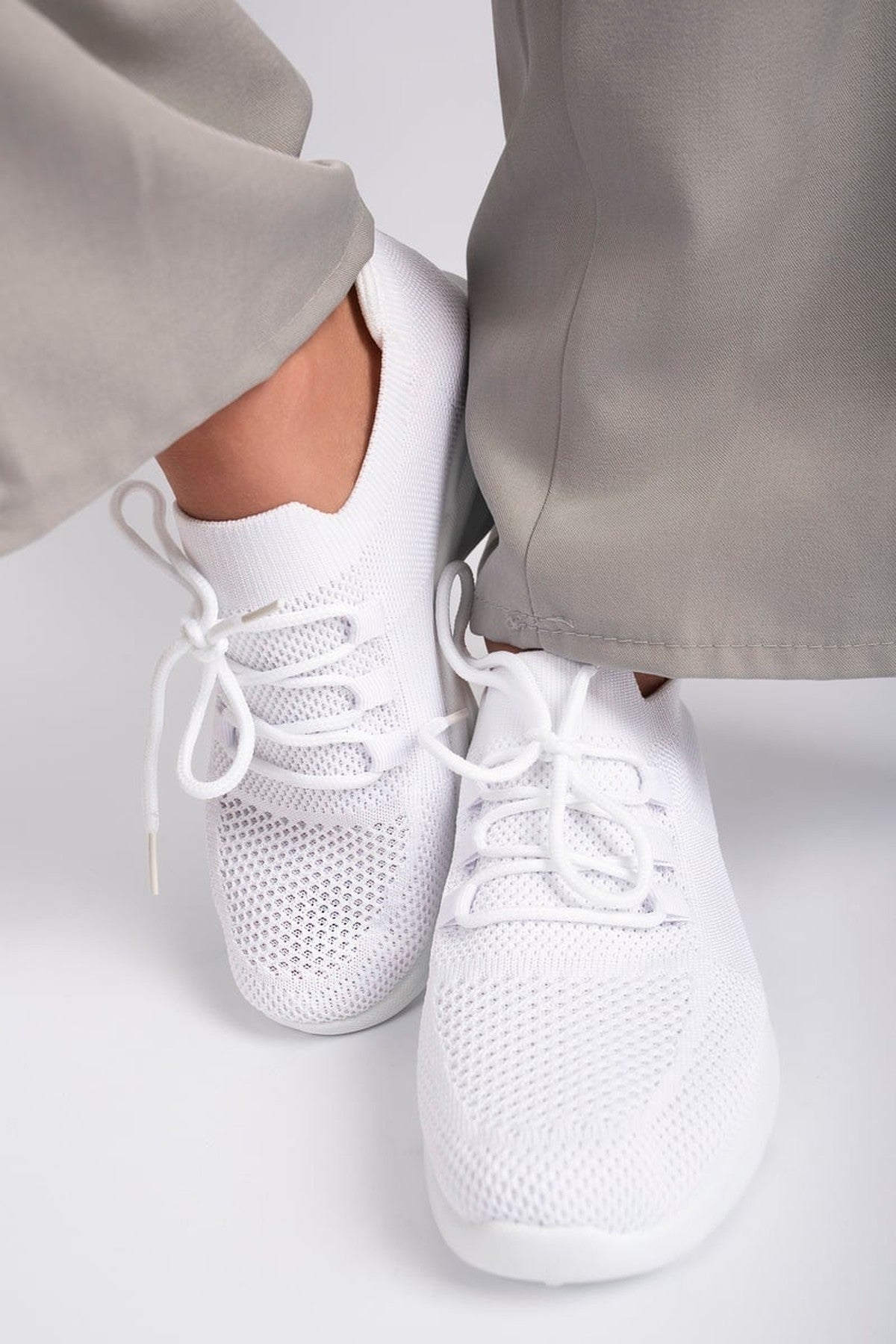 Ziva Knit Sock Lace-up Lightweight Trainers - White